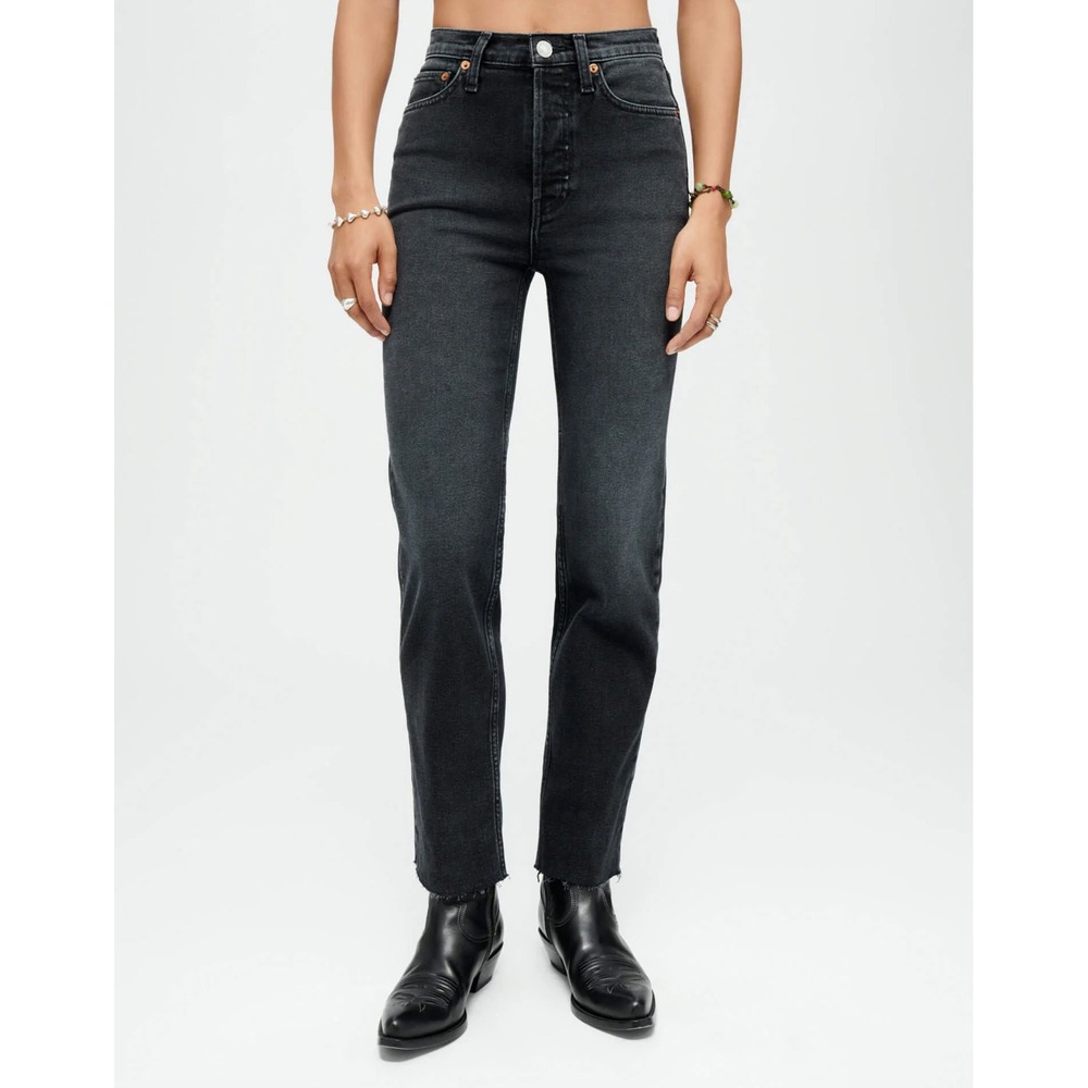 RE/DONE Stove Pipe High Rise Straight Leg Jeans Washed Noir Black Womens 27